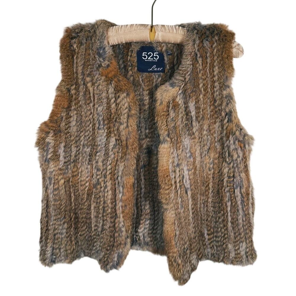 525 America Luxe Rabbit Fur Open Front Vest Womens L Brown Quiet Luxury Glam - Picture 2 of 10